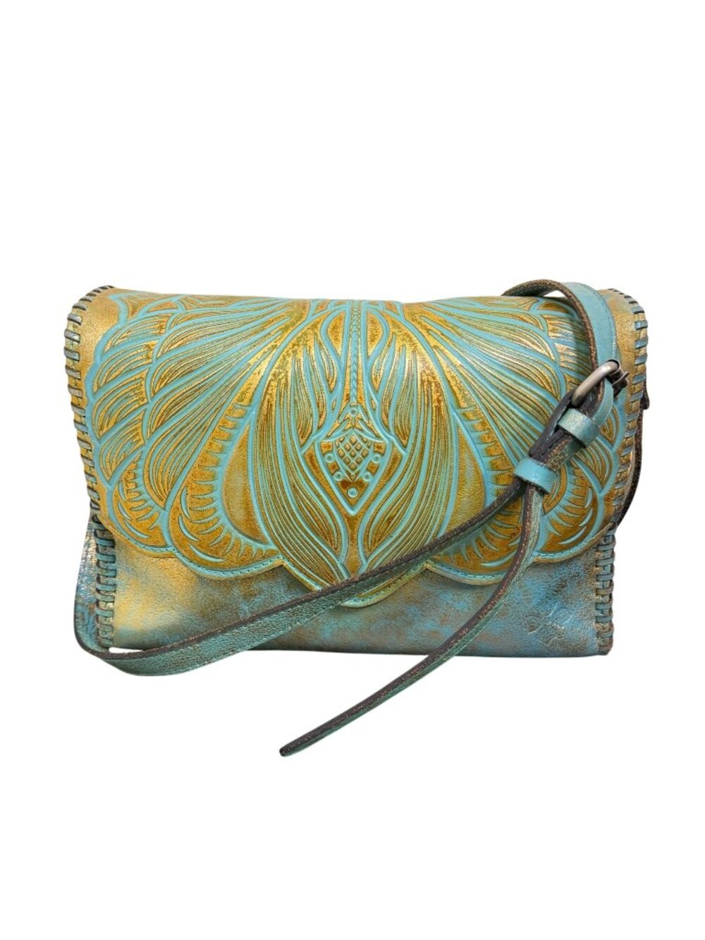 Patricia Nash Turquoise & Gold Leather Crossbody Bag With Adjustable Strap
